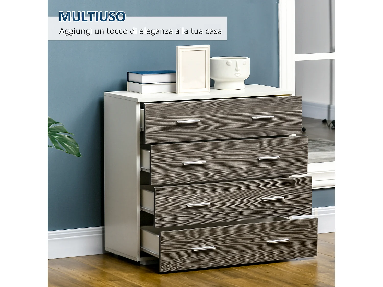 Cassettiera moderna 4 cassetti legno bianco grigio 76x35x72cm