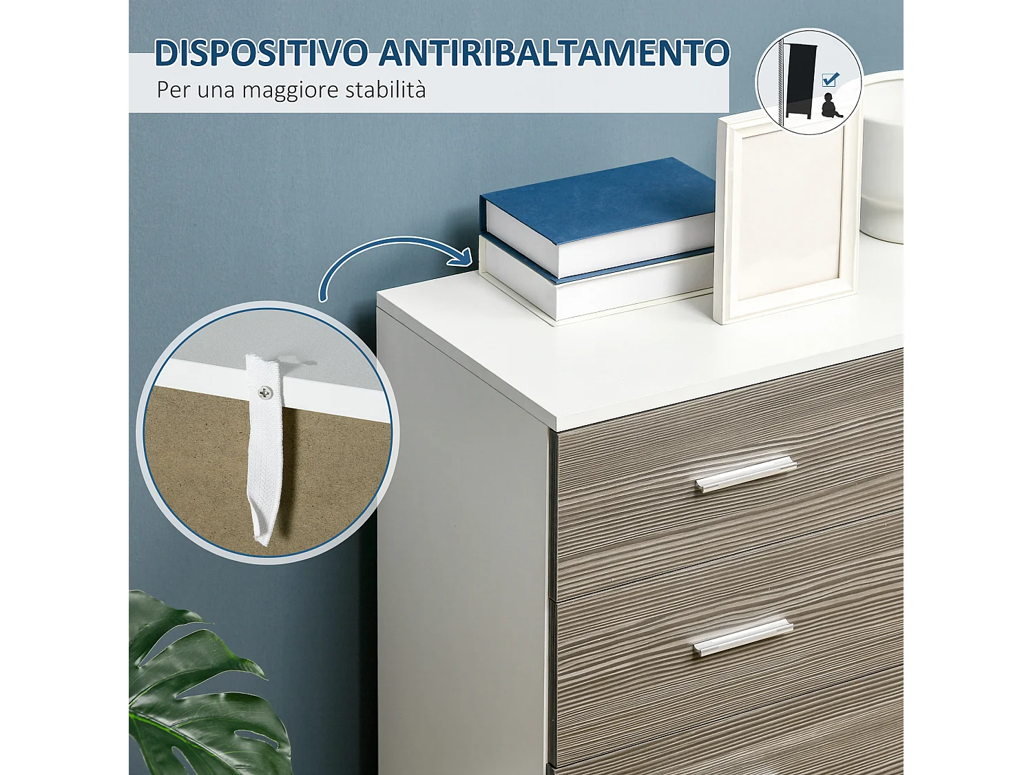 Cassettiera moderna 4 cassetti legno bianco grigio 76x35x72cm