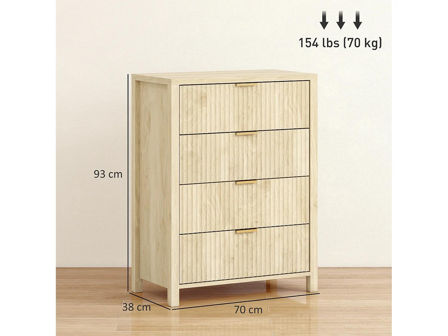 Cassettiera camera da letto 4 cassetti scanalati comò camera da letto in legno con maniglie dorate