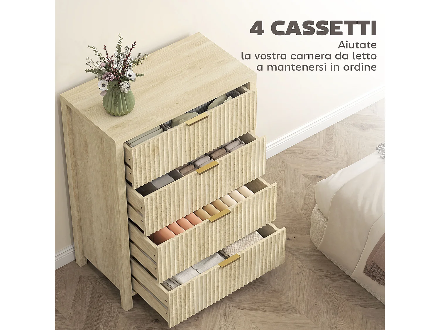 Cassettiera camera da letto 4 cassetti scanalati comò camera da letto in legno con maniglie dorate