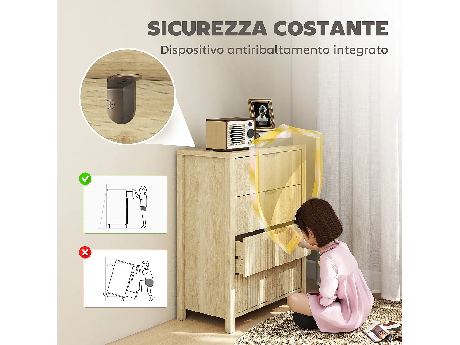 Cassettiera camera da letto 4 cassetti scanalati comò camera da letto in legno con maniglie dorate