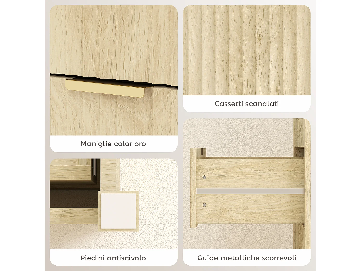 Cassettiera camera da letto 4 cassetti scanalati comò camera da letto in legno con maniglie dorate