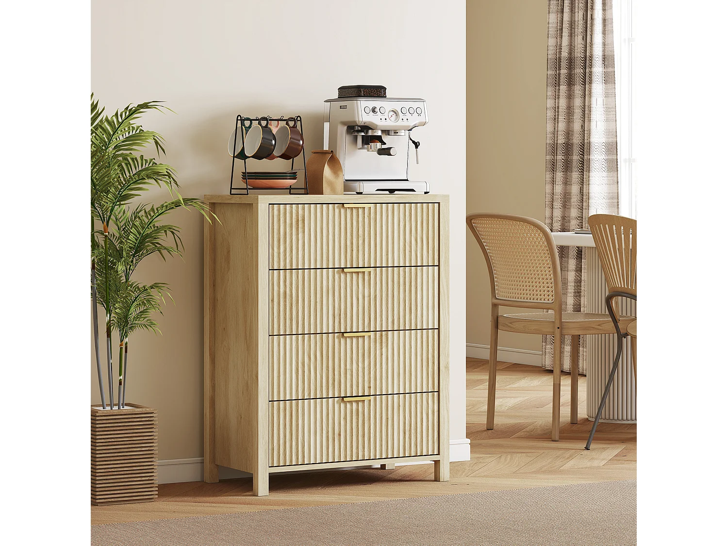 Cassettiera camera da letto 4 cassetti scanalati comò camera da letto in legno con maniglie dorate