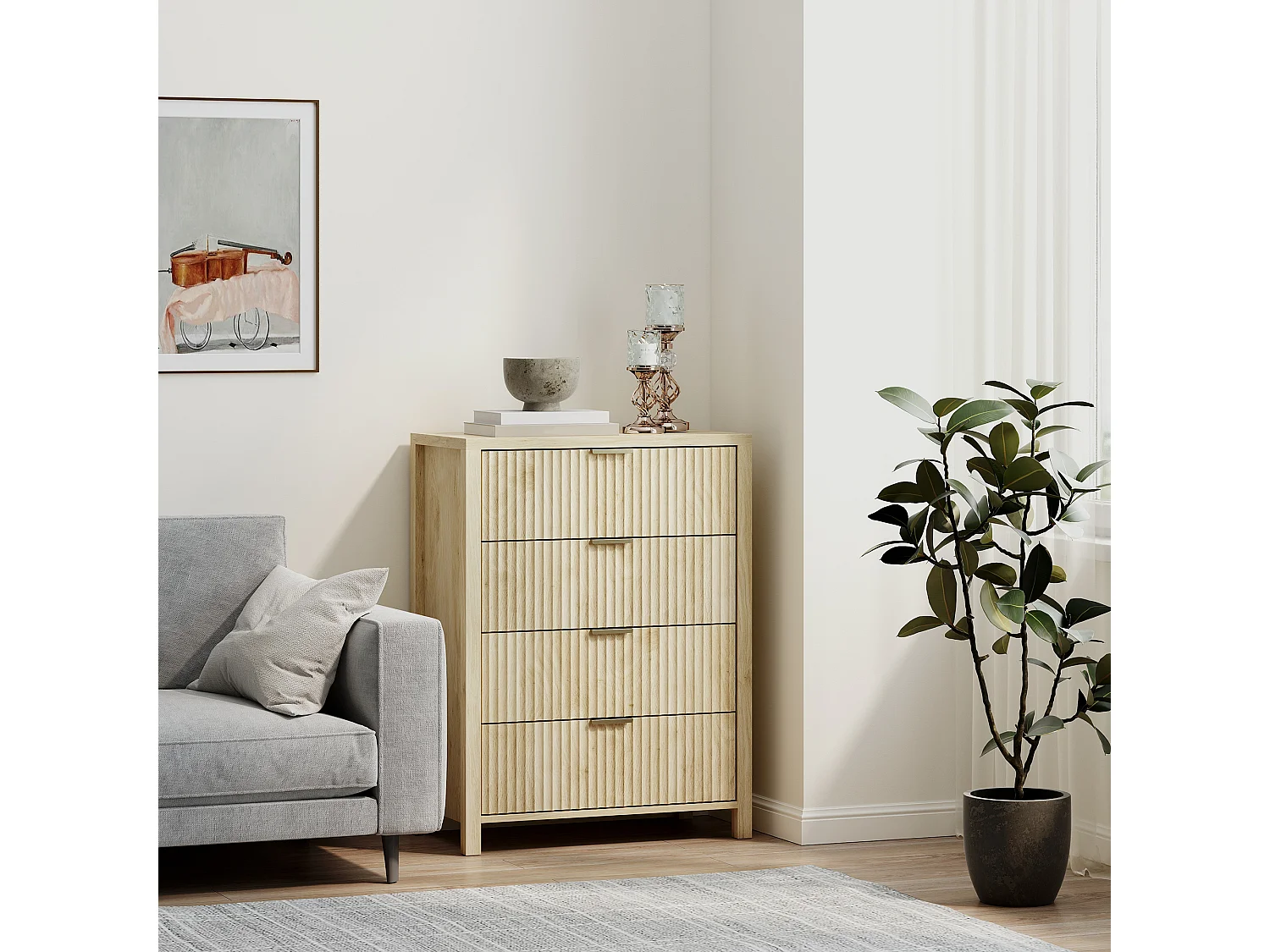 Cassettiera camera da letto 4 cassetti scanalati comò camera da letto in legno con maniglie dorate