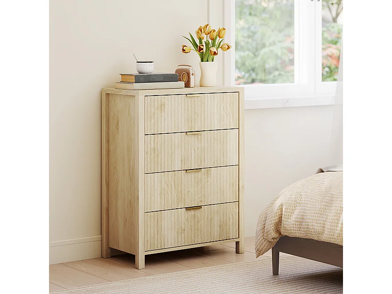 Cassettiera camera da letto 4 cassetti scanalati comò camera da letto in legno con maniglie dorate