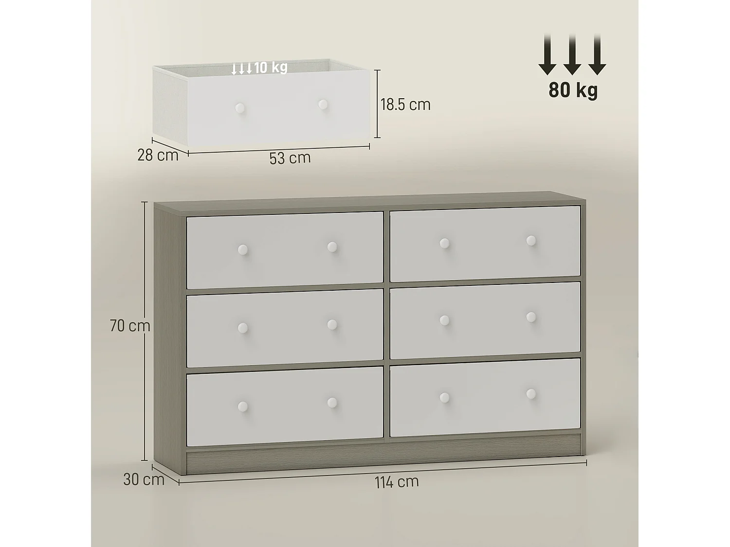 Cassettiera in tessuto con 6 cassetti pieghevoli con maniglie doppie