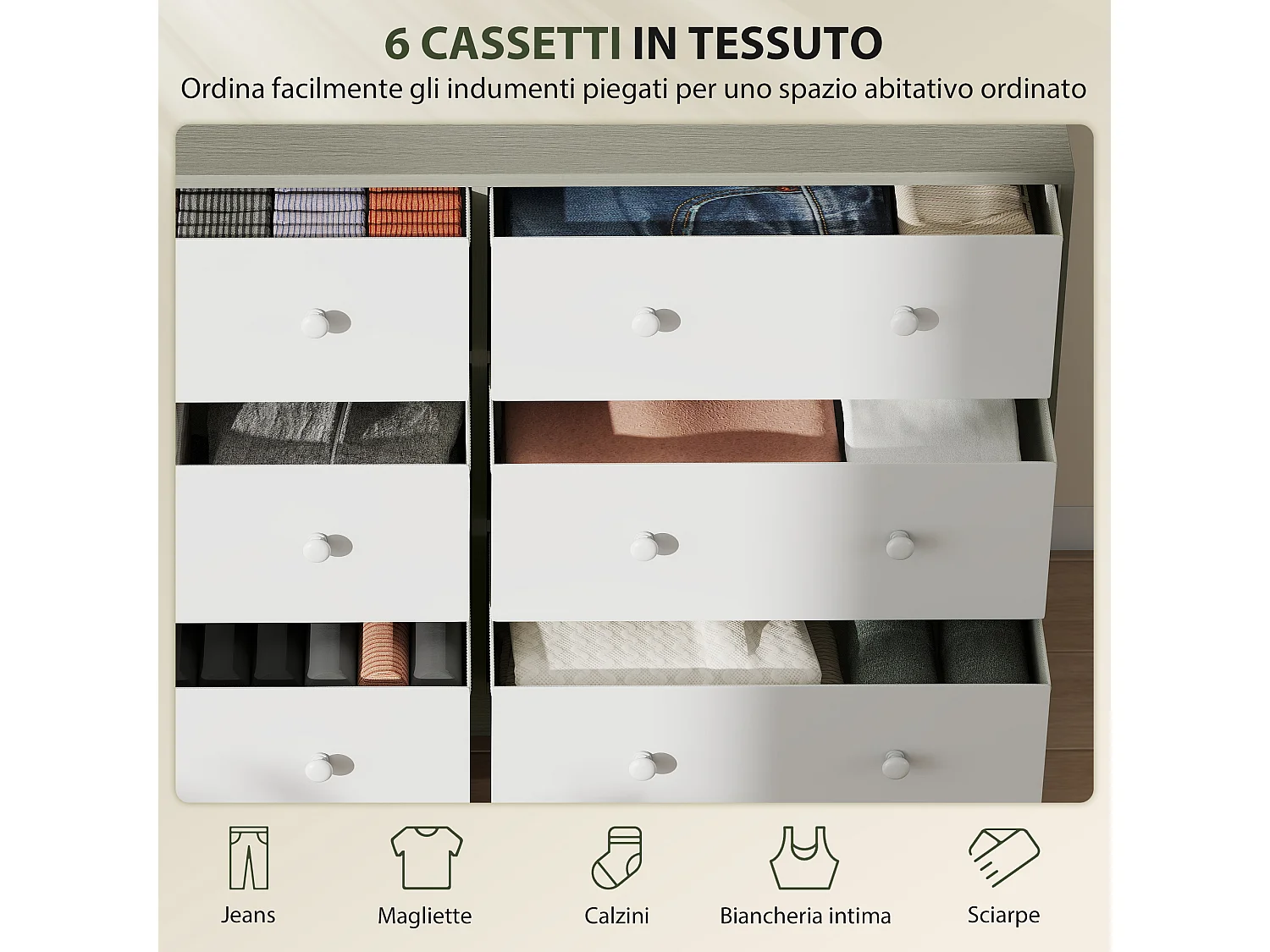 Cassettiera in tessuto con 6 cassetti pieghevoli con maniglie doppie