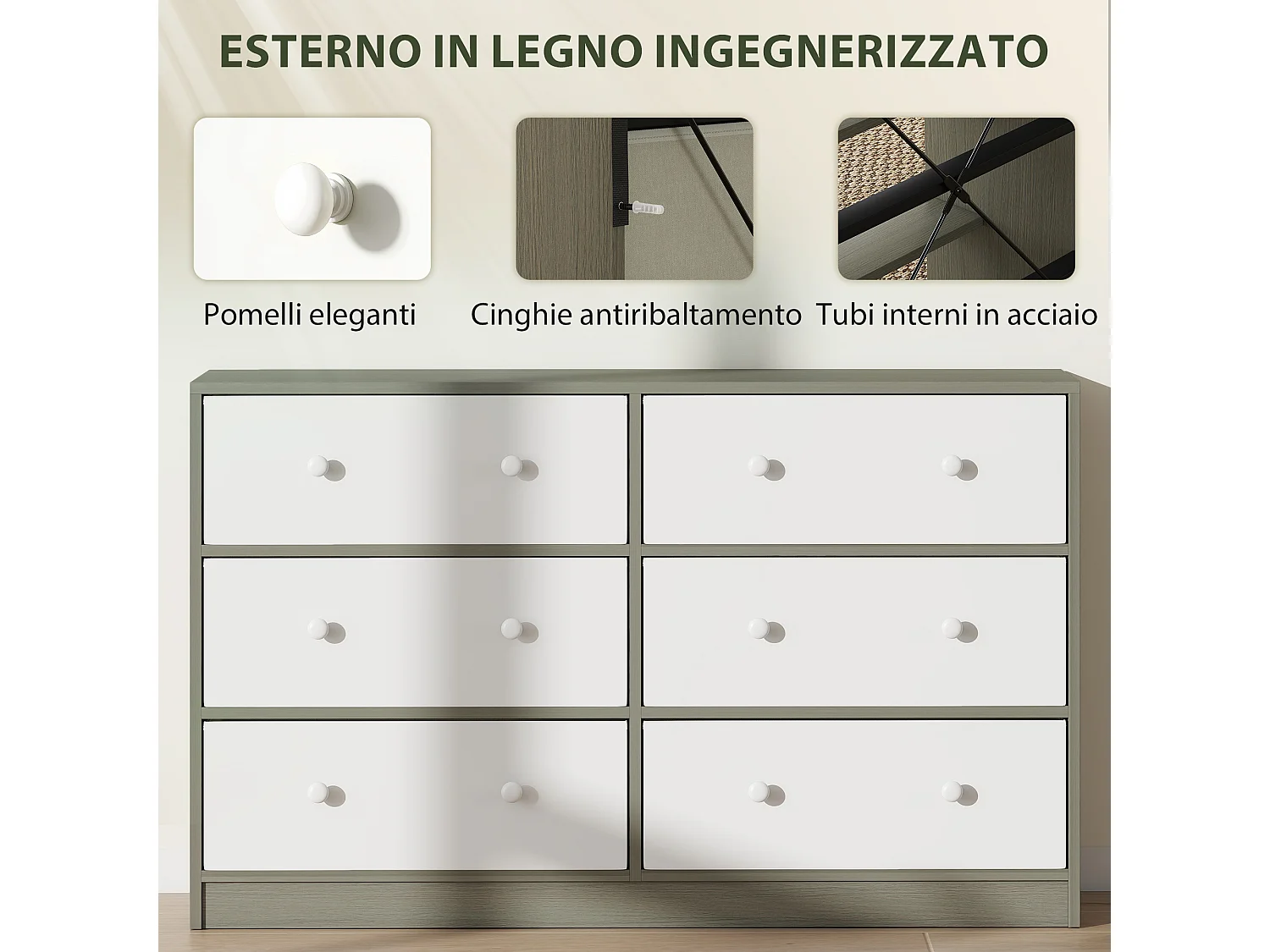 Cassettiera in tessuto con 6 cassetti pieghevoli con maniglie doppie