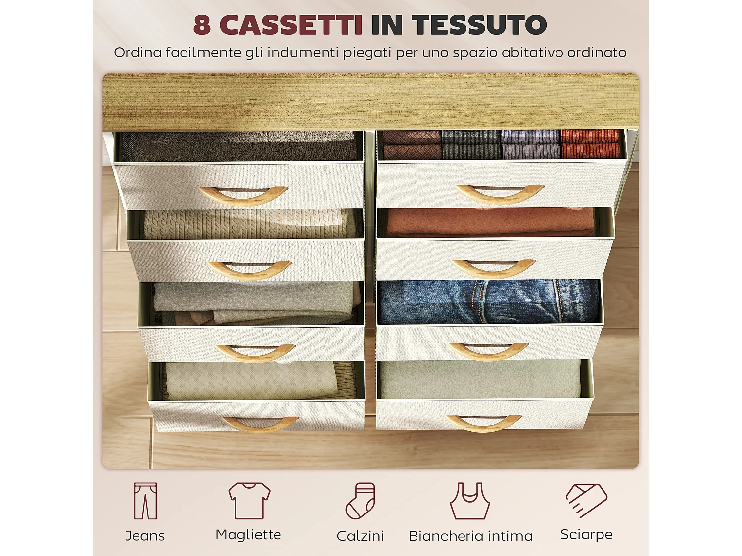 Cassettiera in tessuto con 8 cassetti pieghevoli 4 tasche portaoggetti e 2 ganci