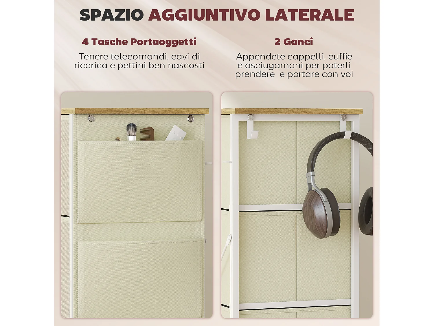 Cassettiera in tessuto con 8 cassetti pieghevoli 4 tasche portaoggetti e 2 ganci