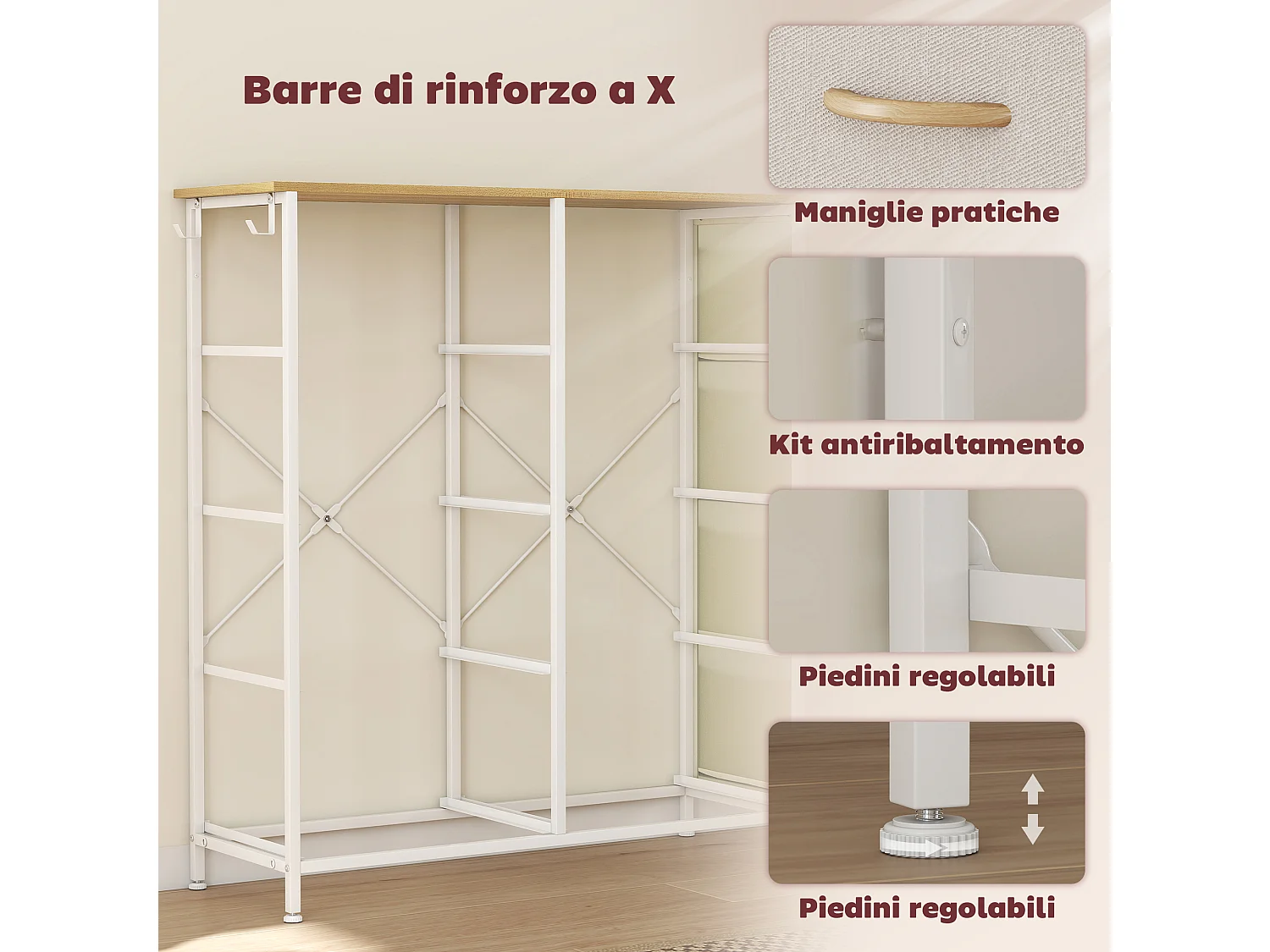 Cassettiera in tessuto con 8 cassetti pieghevoli 4 tasche portaoggetti e 2 ganci