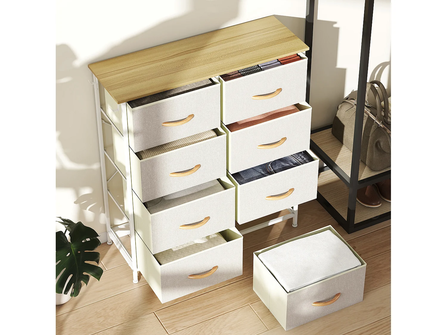 Cassettiera in tessuto con 8 cassetti pieghevoli 4 tasche portaoggetti e 2 ganci