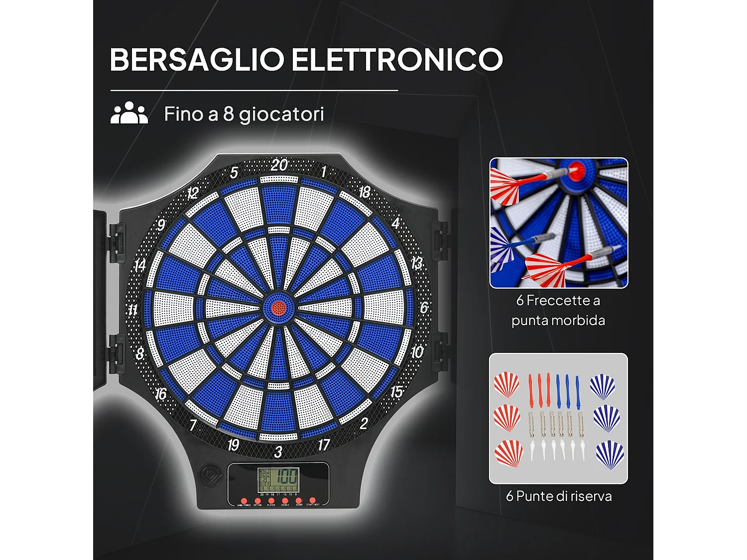 Bersaglio freccette elettronico con 6 freccette nero e blu