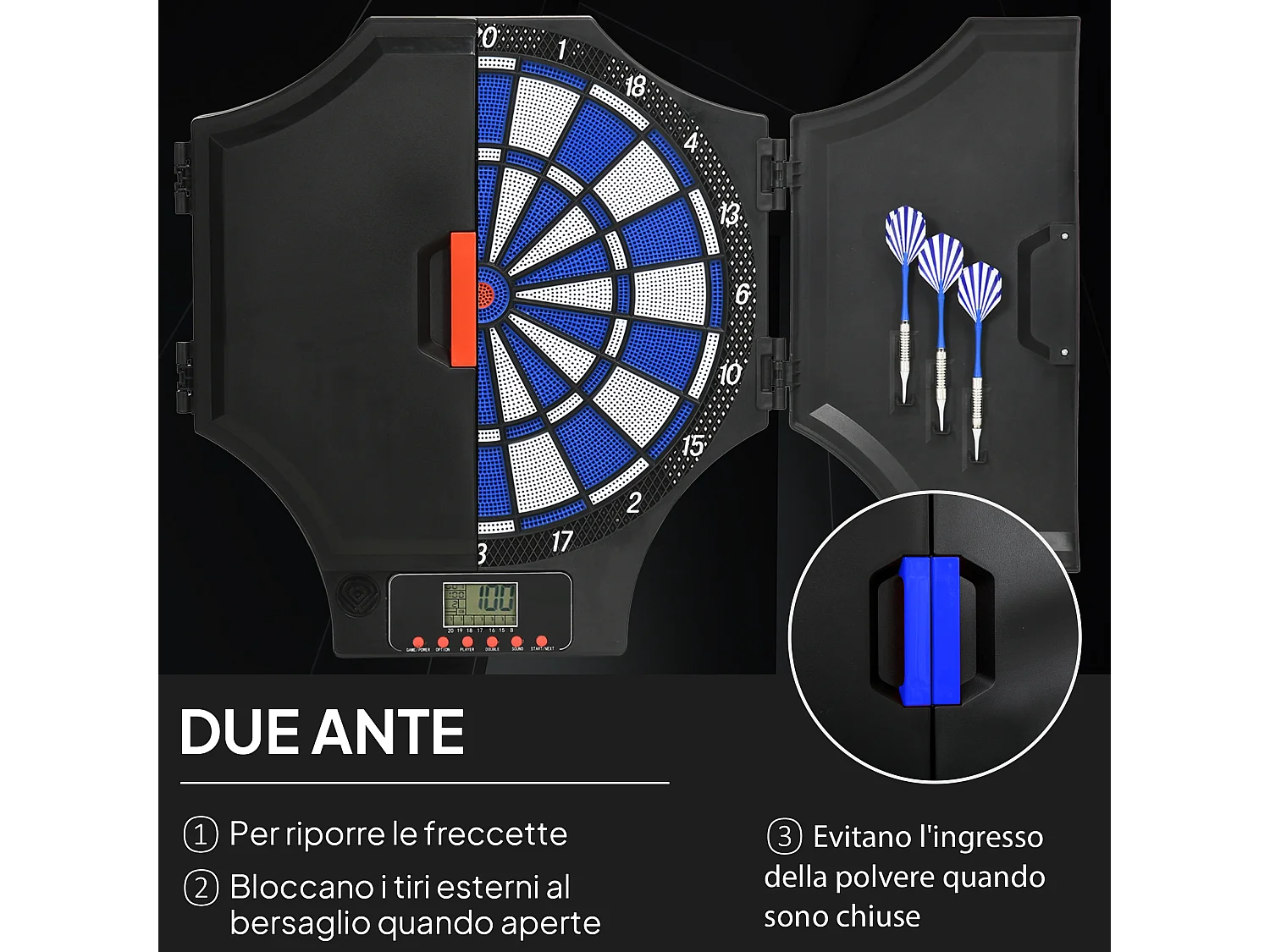 Bersaglio freccette elettronico con 6 freccette nero e blu