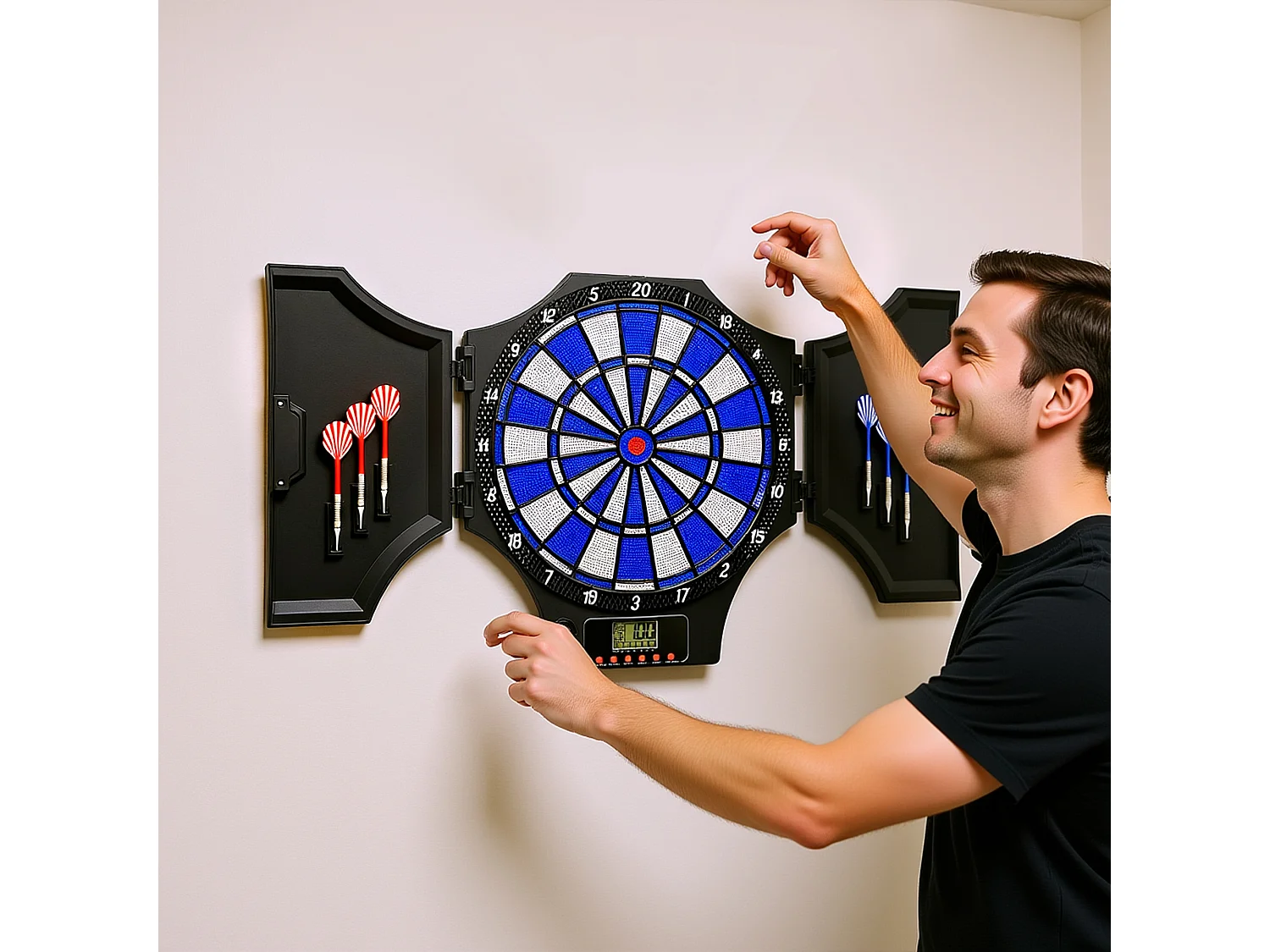 Bersaglio freccette elettronico con 6 freccette nero e blu