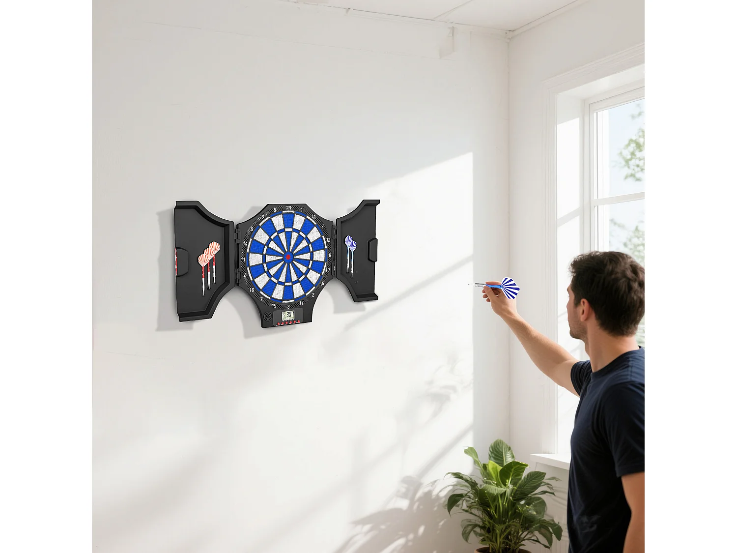 Bersaglio freccette elettronico con 6 freccette nero e blu