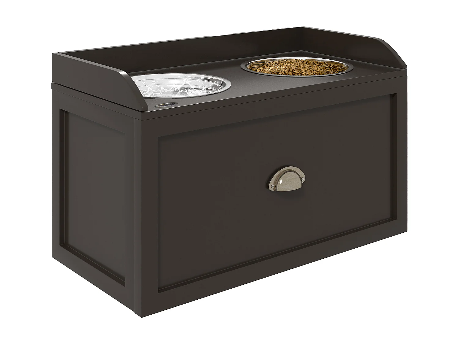 Ciotole per cani rialzate in acciaio inox e legno con cassetto marrone