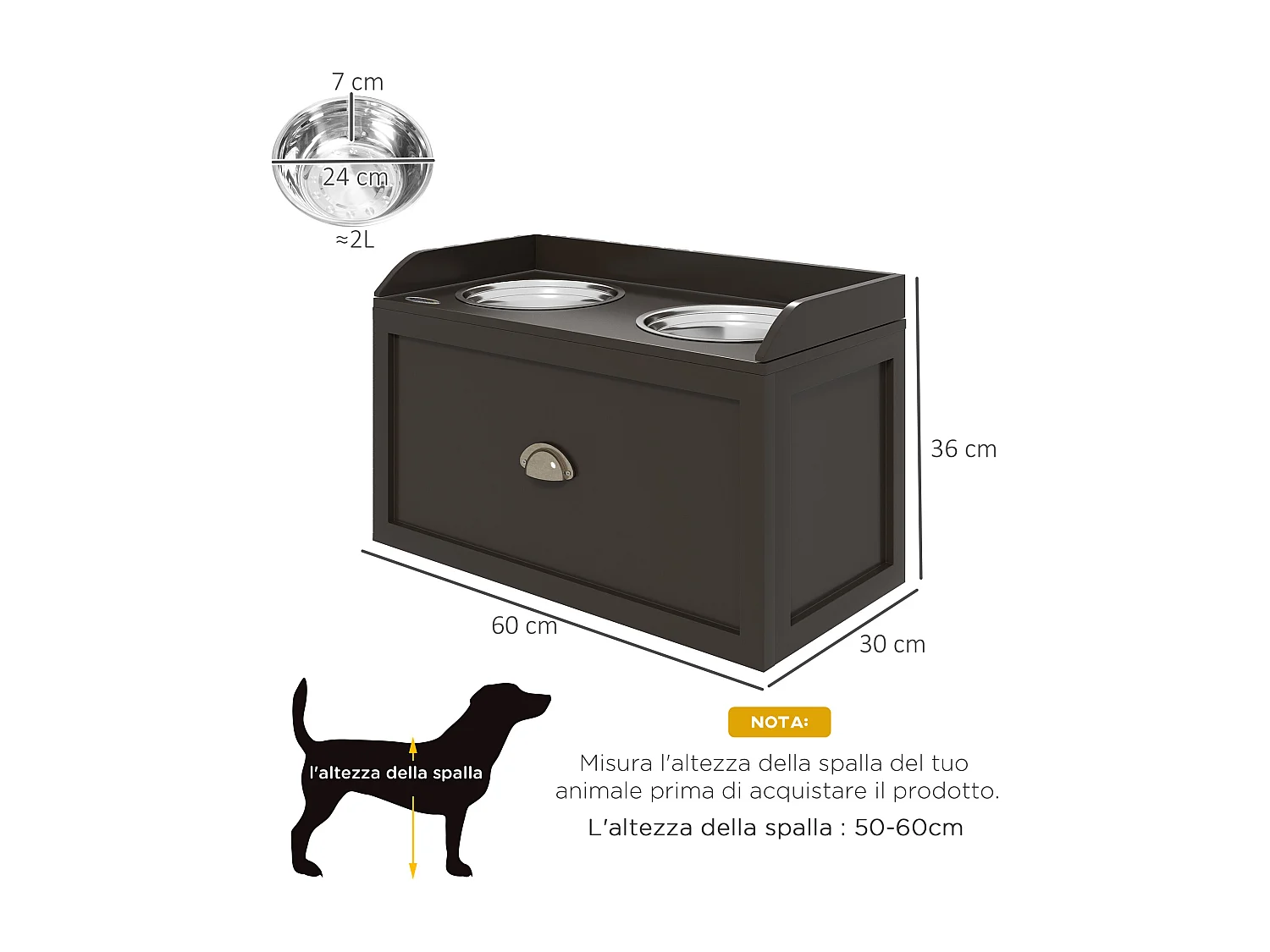 Ciotole per cani rialzate in acciaio inox e legno con cassetto marrone