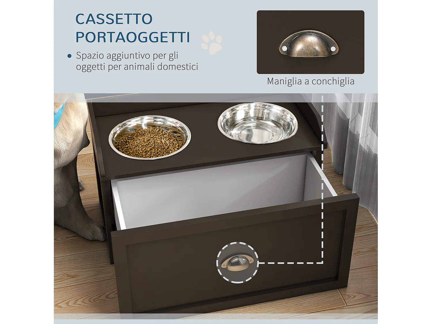 Ciotole per cani rialzate in acciaio inox e legno con cassetto marrone