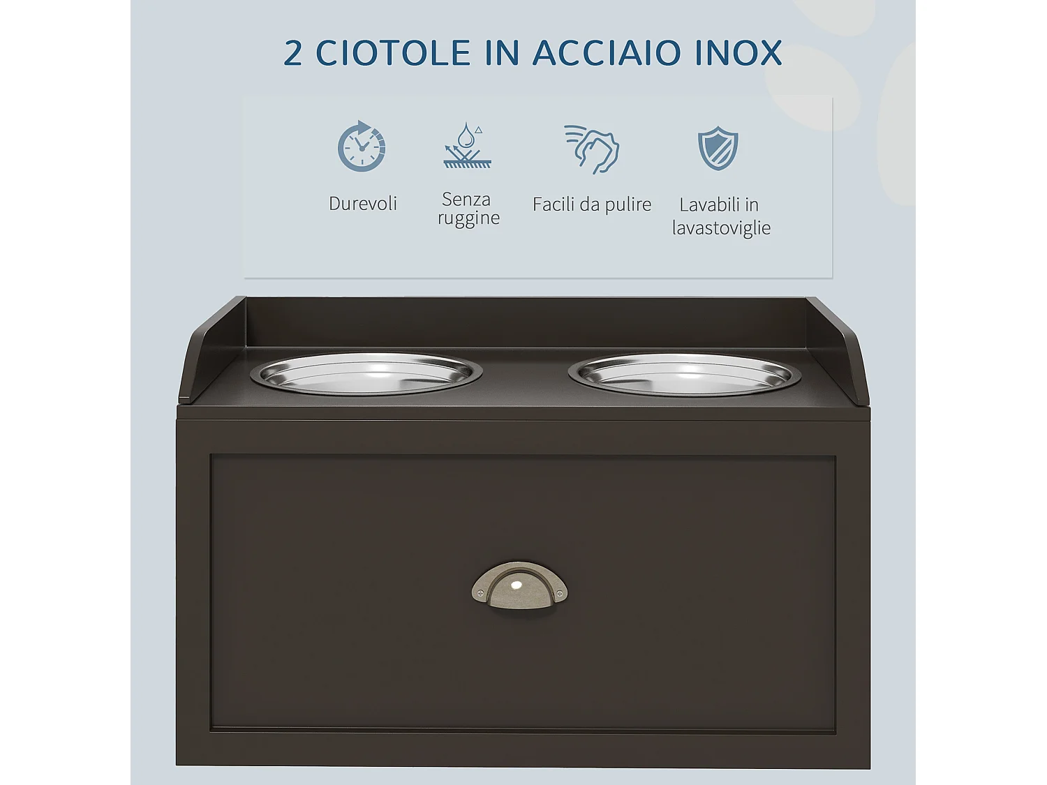 Ciotole per cani rialzate in acciaio inox e legno con cassetto marrone