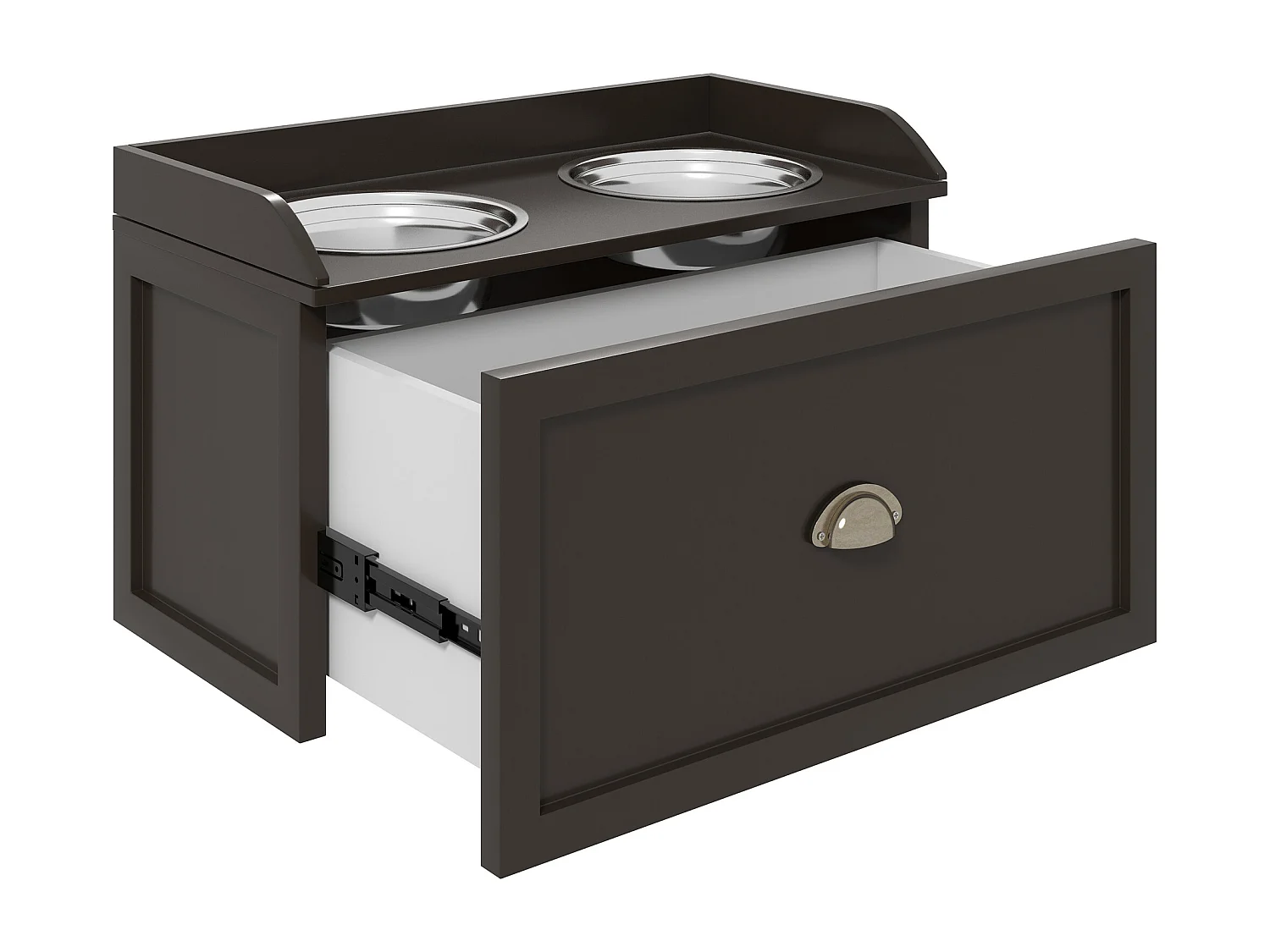 Ciotole per cani rialzate in acciaio inox e legno con cassetto marrone