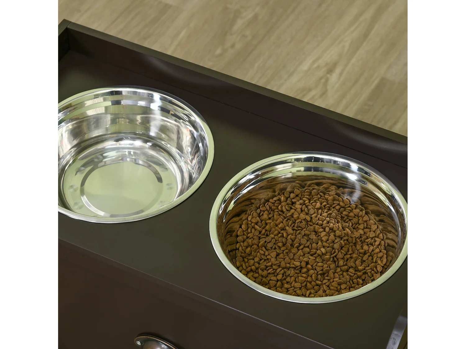 Ciotole per cani rialzate in acciaio inox e legno con cassetto marrone