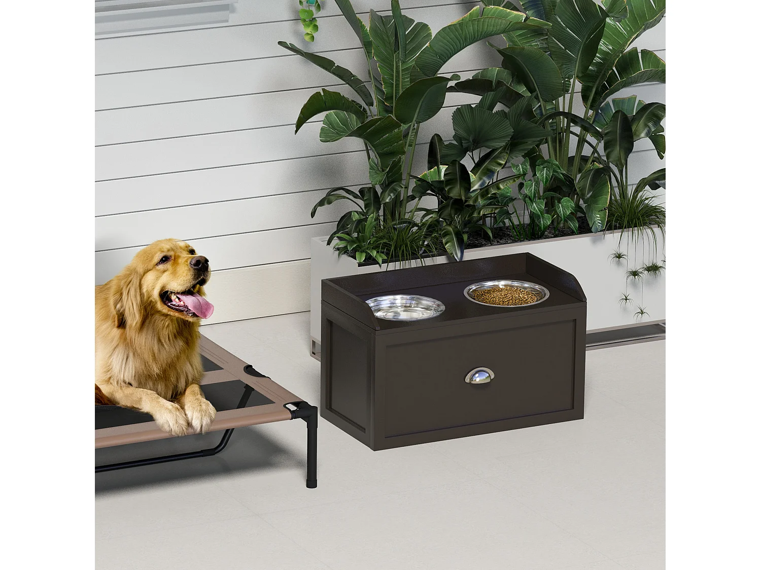 Ciotole per cani rialzate in acciaio inox e legno con cassetto marrone