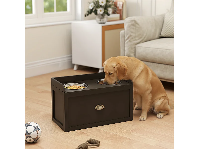 Ciotole per cani rialzate in acciaio inox e legno con cassetto marrone