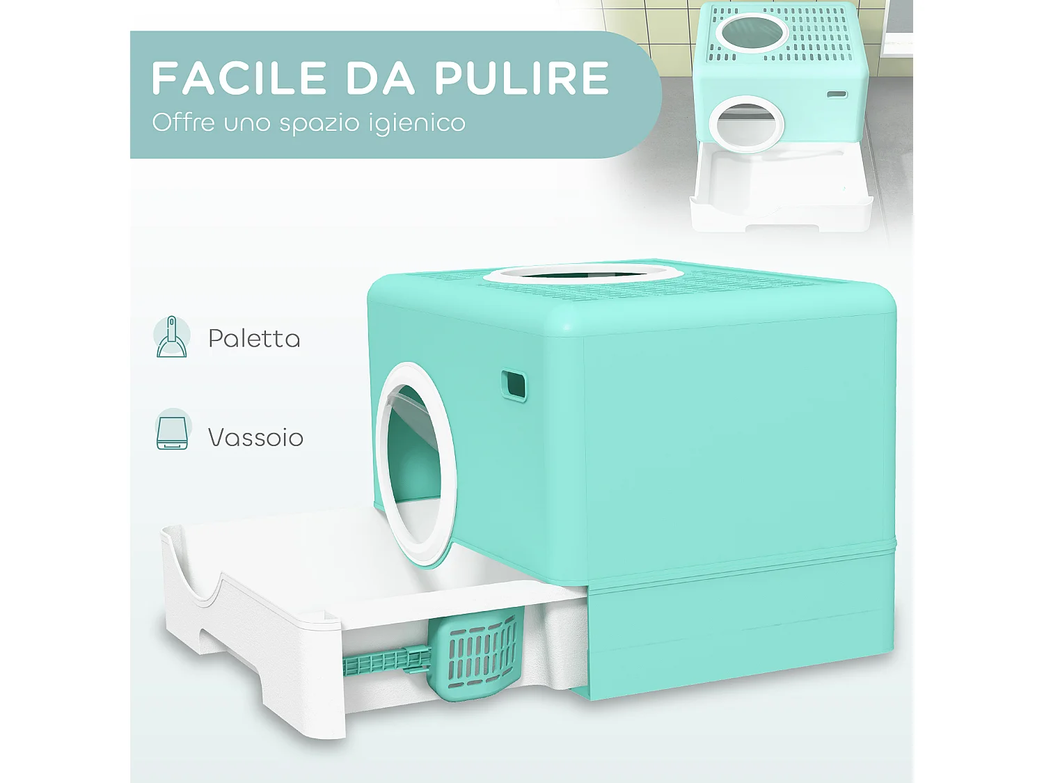 Lettiera per gatti chiusa con paletta e vassoio estraibile verde