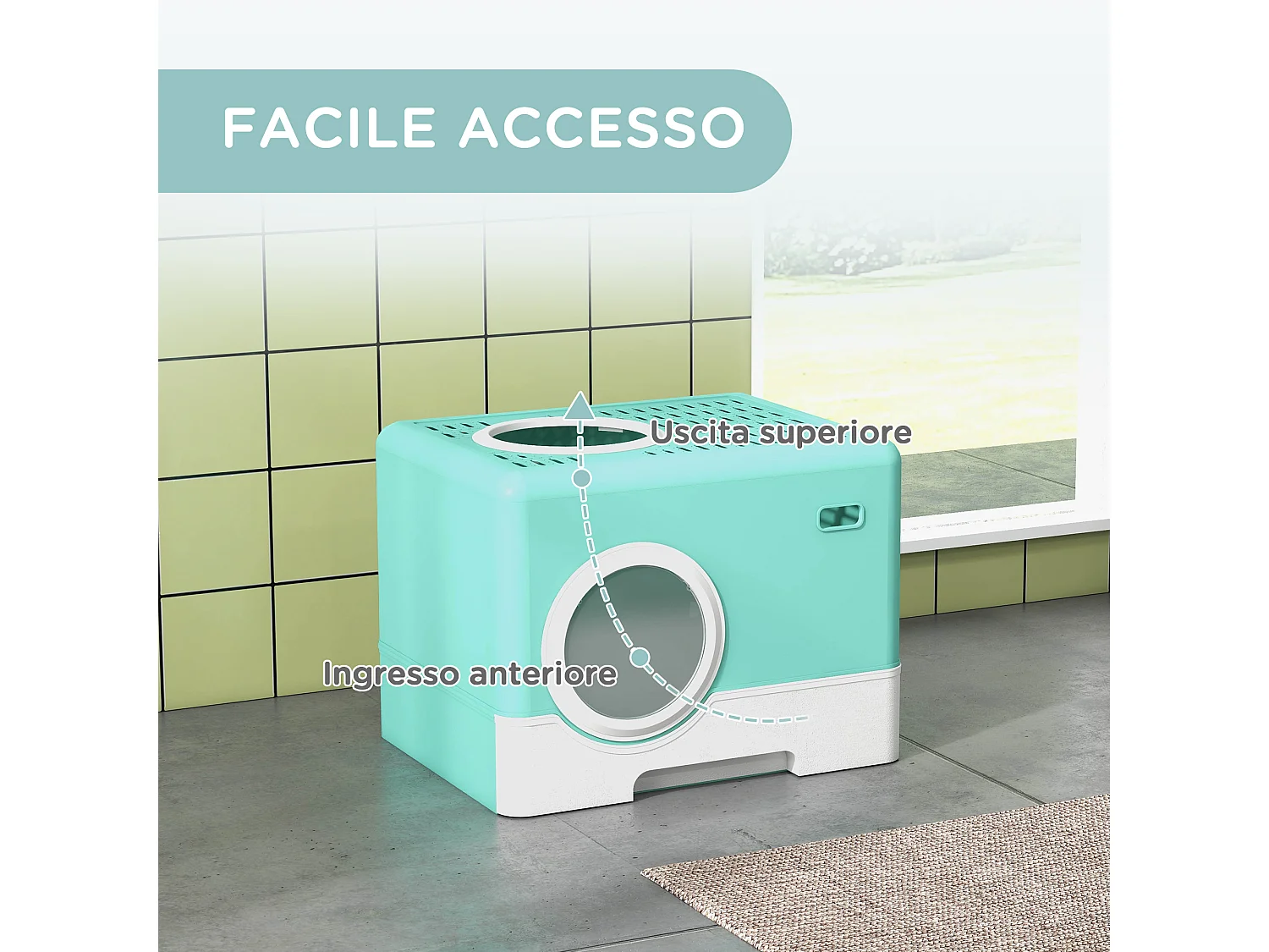 Lettiera per gatti chiusa con paletta e vassoio estraibile verde