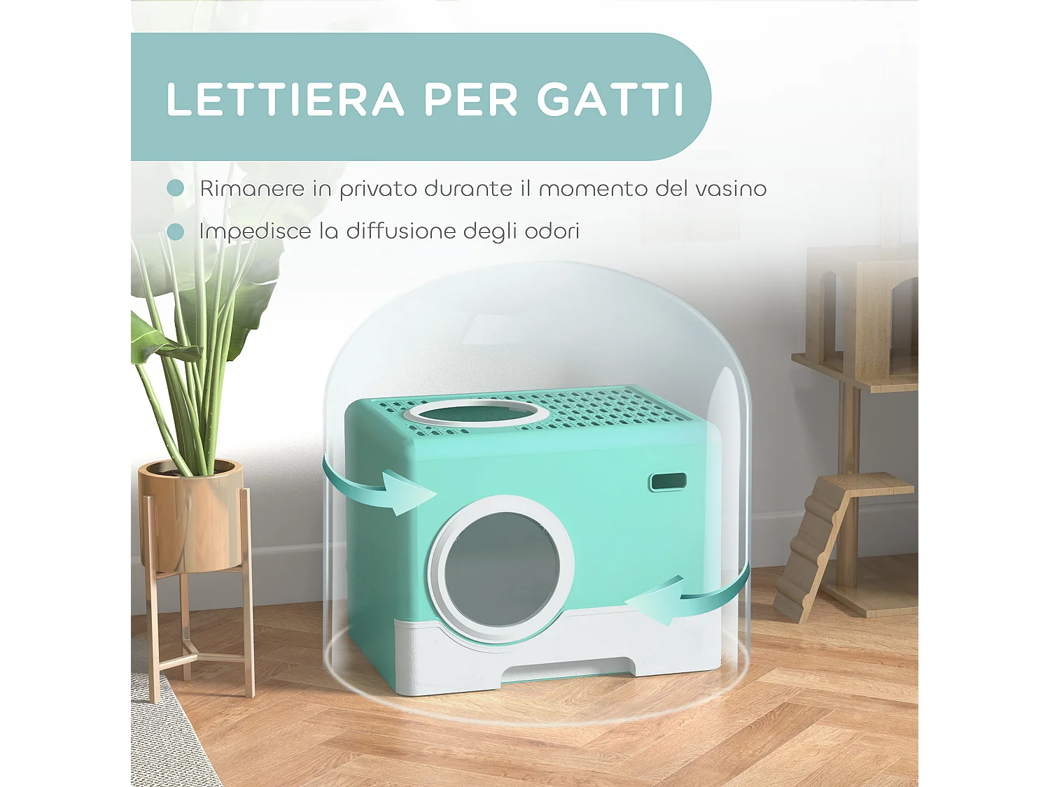 Lettiera per gatti chiusa con paletta e vassoio estraibile verde