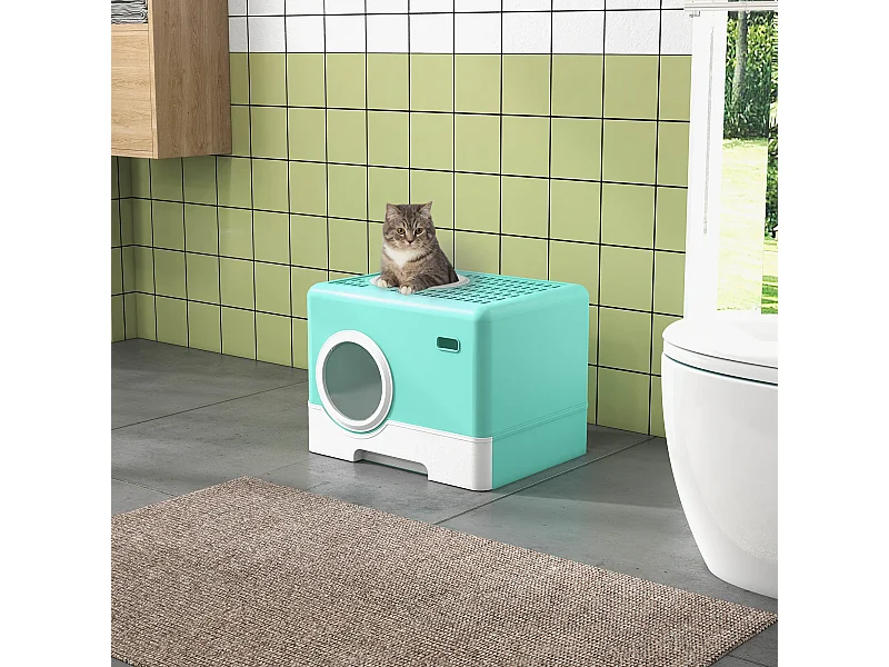 Lettiera per gatti chiusa con paletta e vassoio estraibile verde