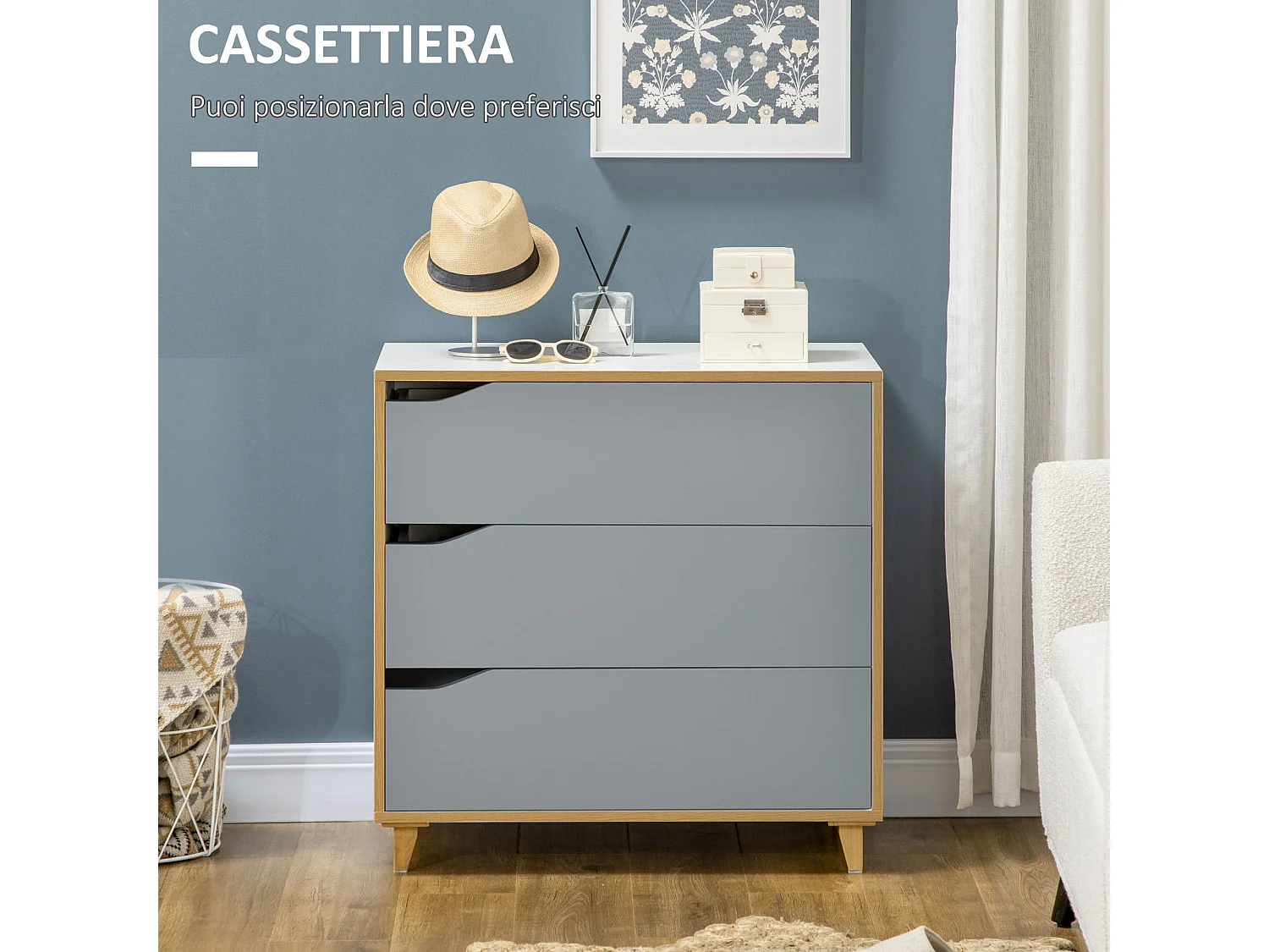 Cassettiera moderna 3 cassetti per soggiorno e camera da letto