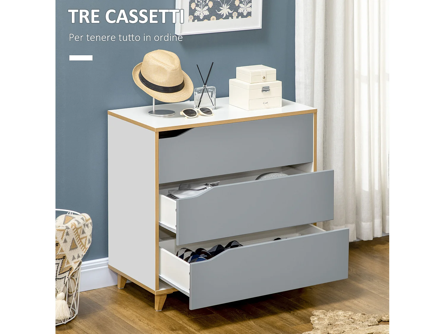 Cassettiera moderna 3 cassetti per soggiorno e camera da letto