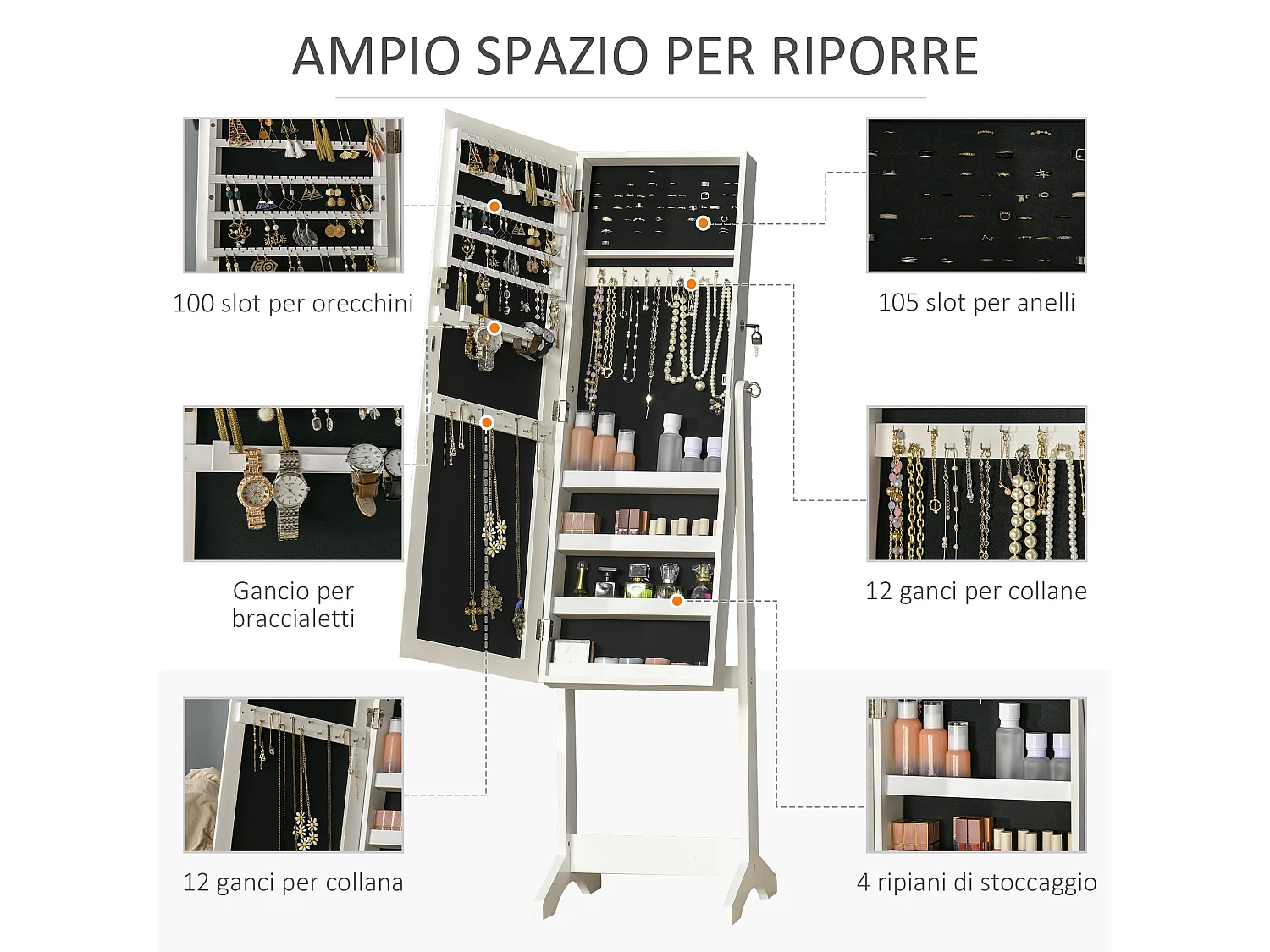 Armadio portagioielli con specchio e serratura in legno bianco