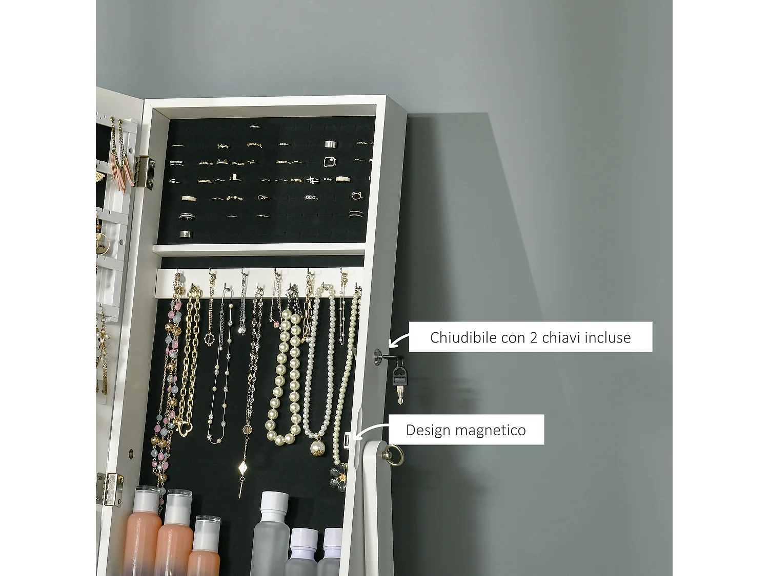 Armadio portagioielli con specchio e serratura in legno bianco