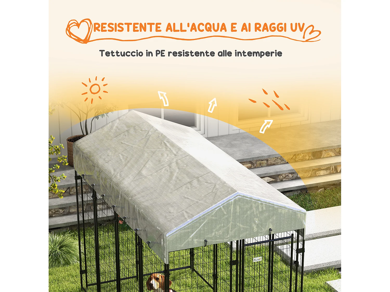 Recinto per cani da esterno con tettuccio e porta 2 sezioni argento