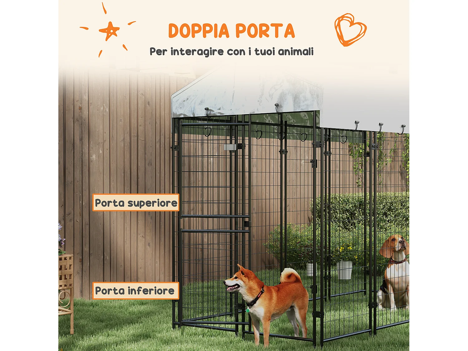 Recinto per cani da esterno con tettuccio e porta 2 sezioni argento
