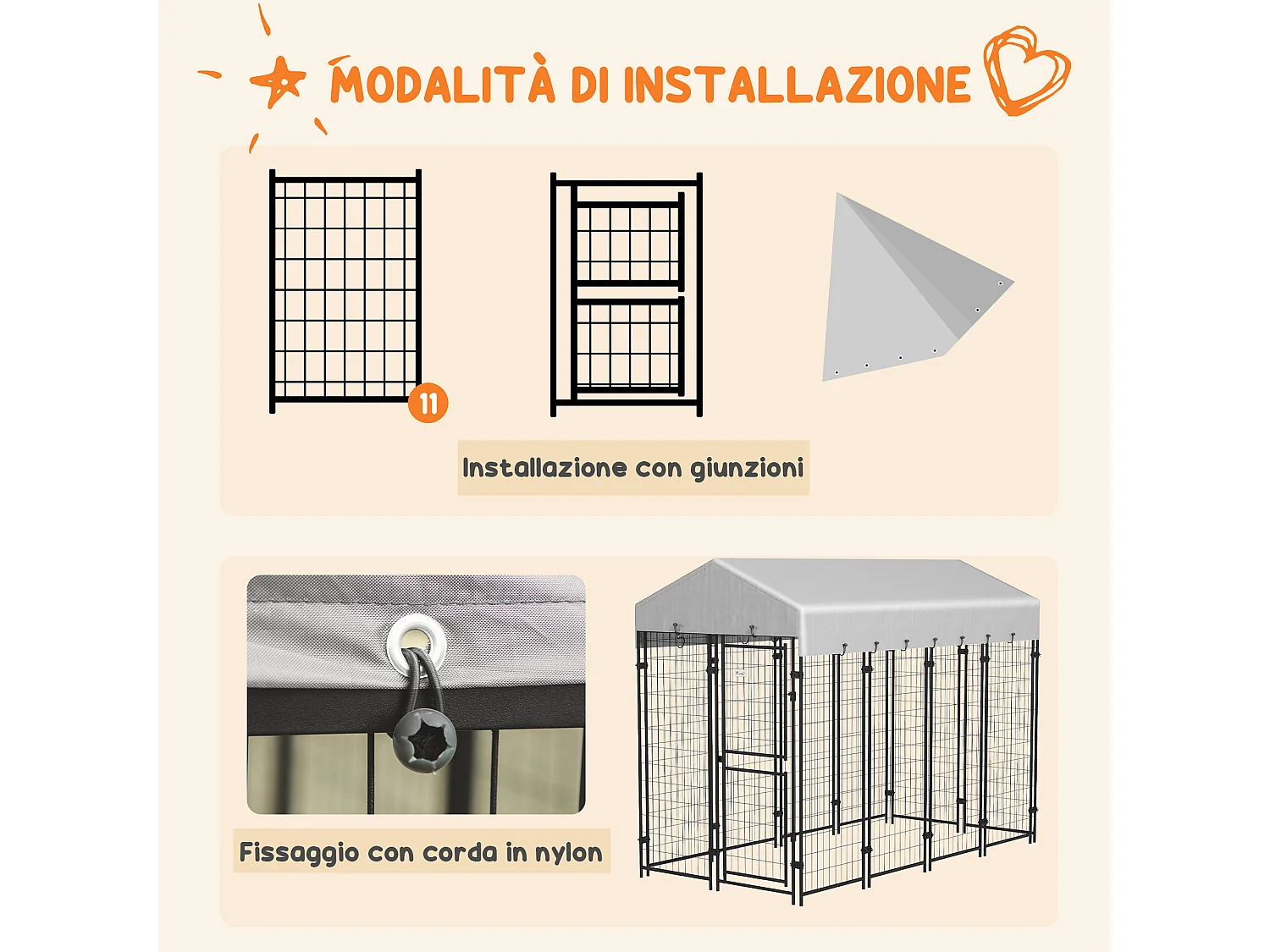 Recinto per cani da esterno con tettuccio e porta 2 sezioni argento