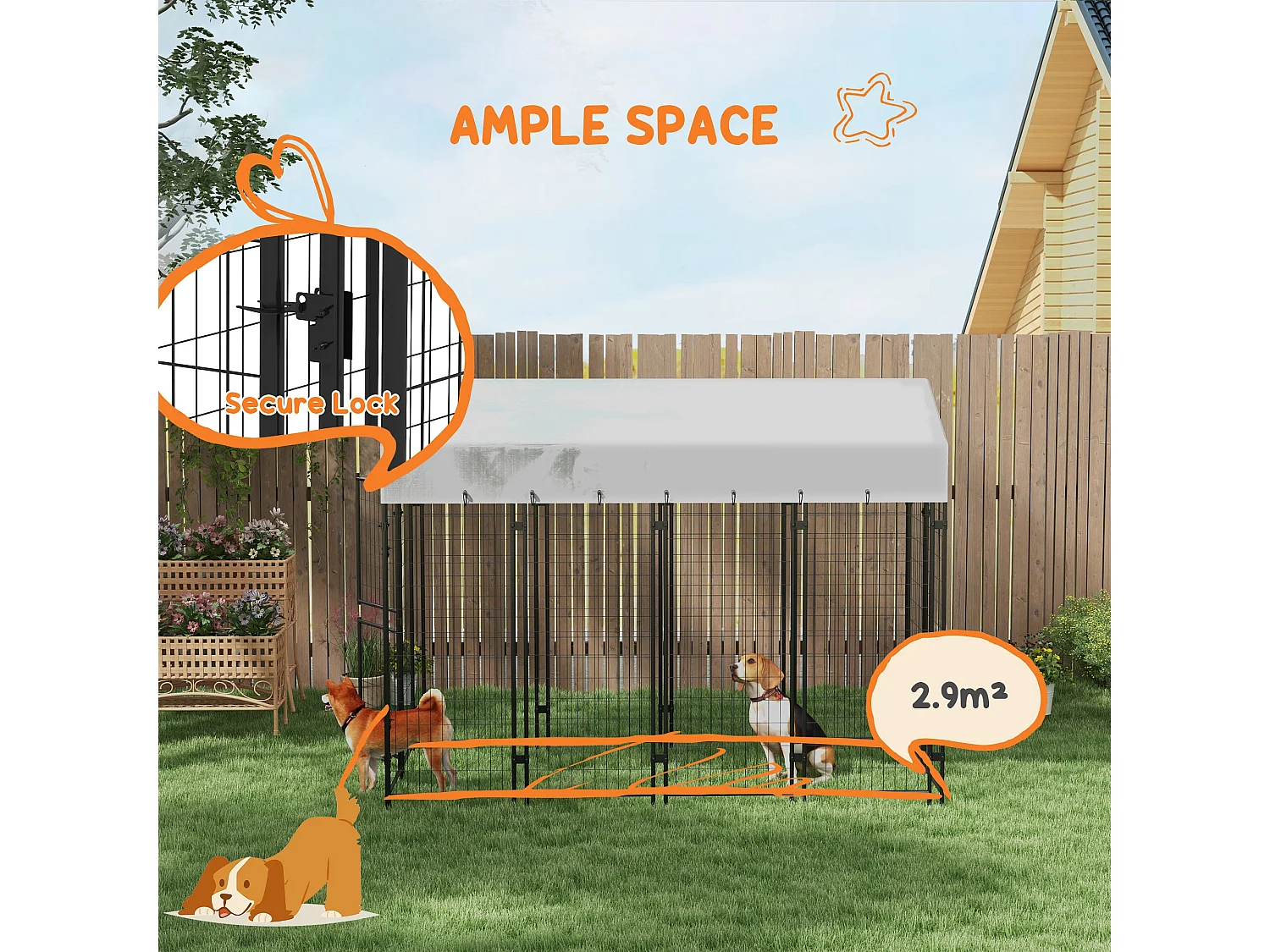 Recinto per cani da esterno con tettuccio e porta 2 sezioni argento