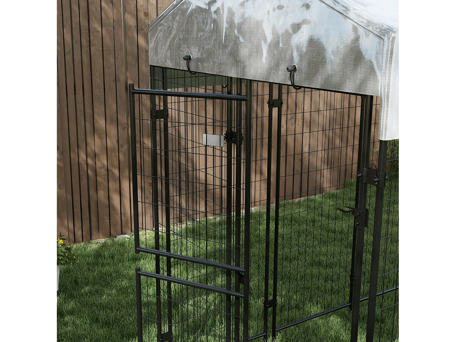 Recinto per cani da esterno con tettuccio e porta 2 sezioni argento