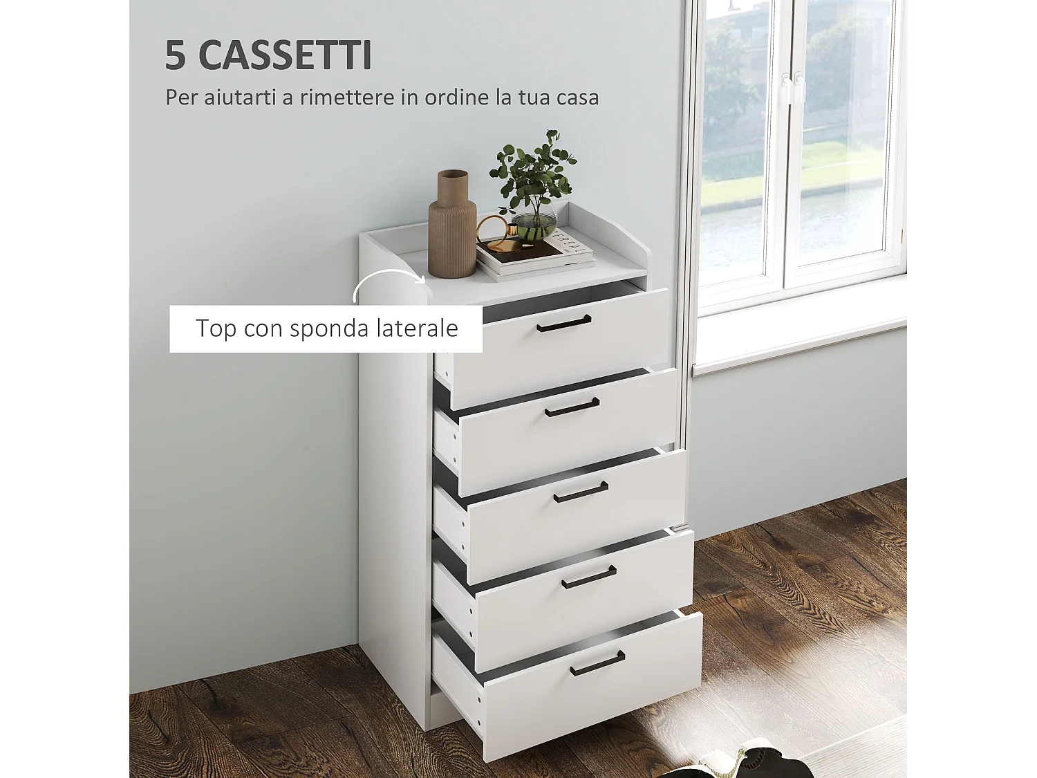 Cassettiera 5 cassetti intercambiabili in legno 60x40x114 cm bianco