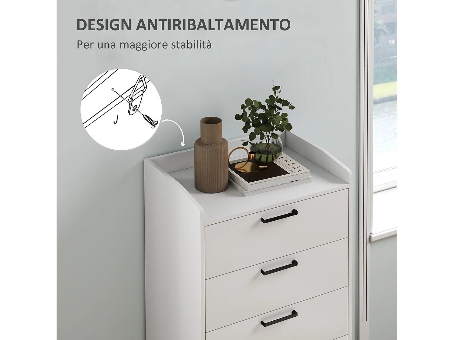 Cassettiera 5 cassetti intercambiabili in legno 60x40x114 cm bianco