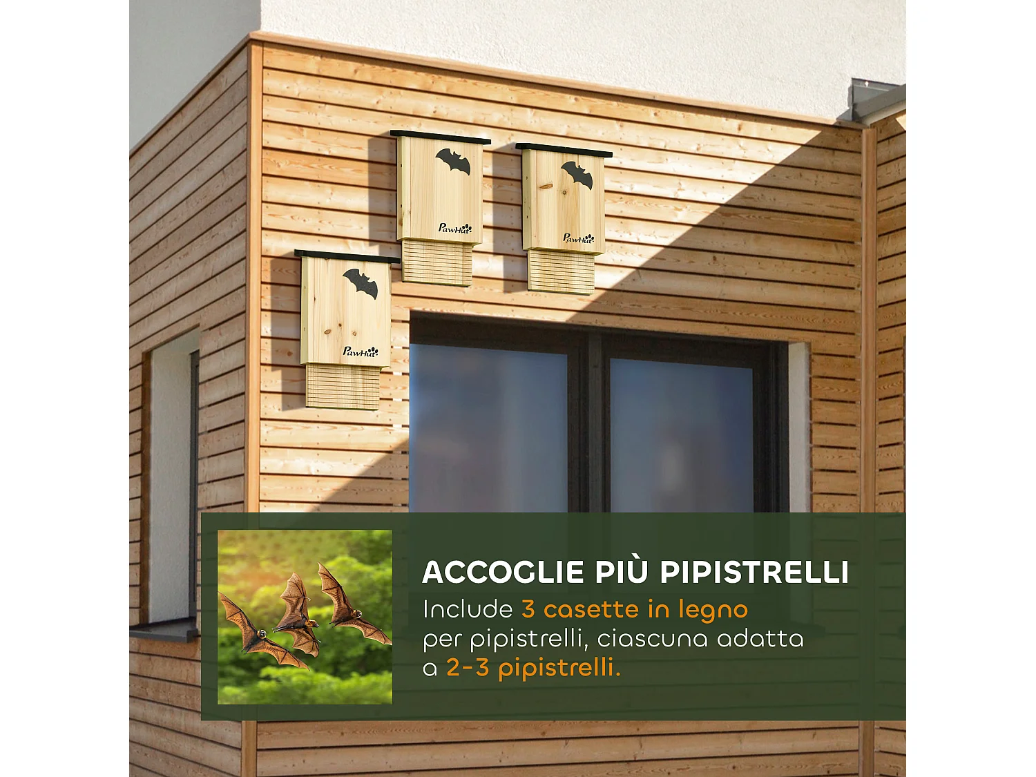 Set 3 casette per pipistrelli in legno di abete colore legno naturale