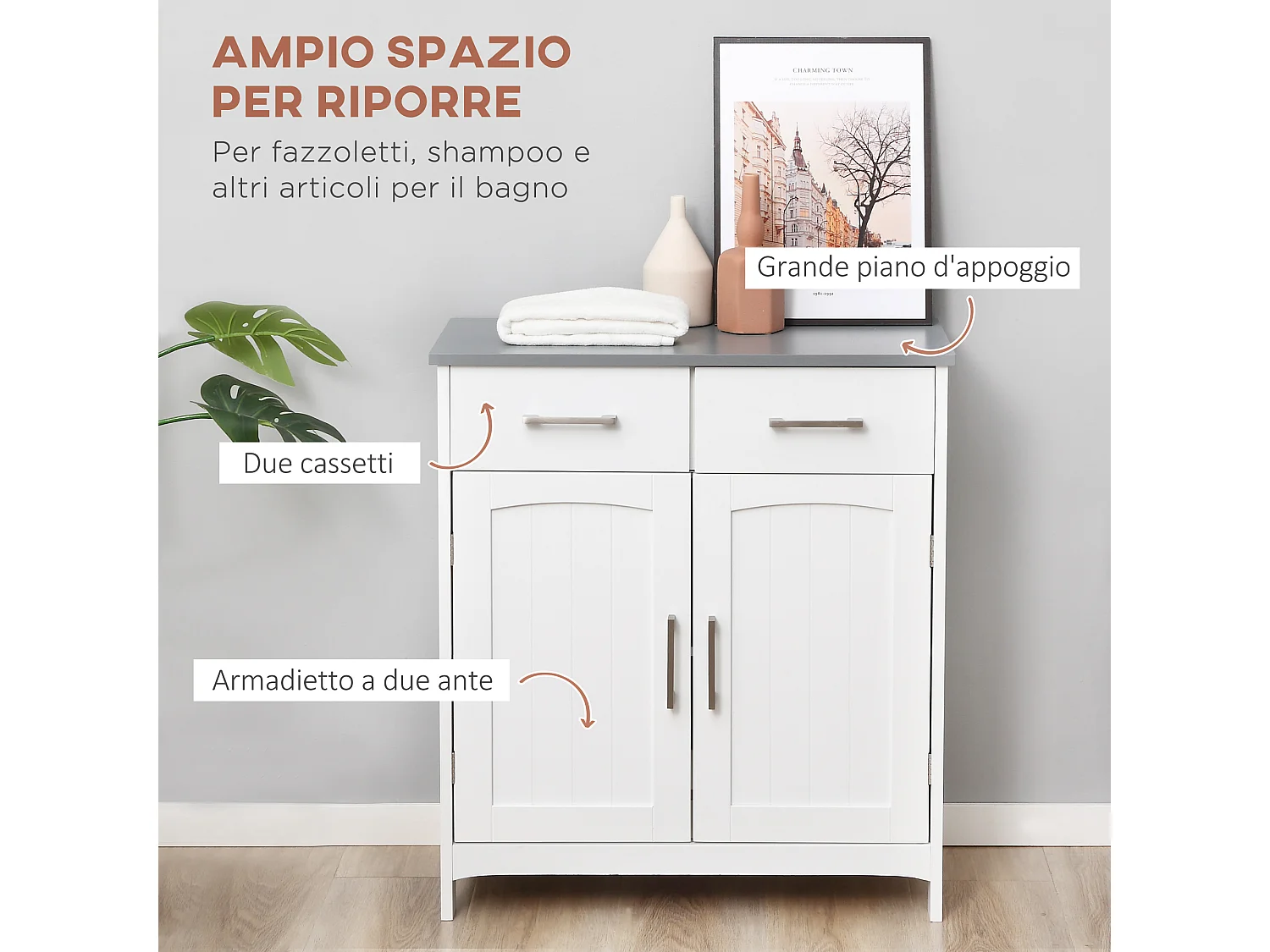 Mobiletto bagno con 2 ante 2 cassetti e ripiano regolabile