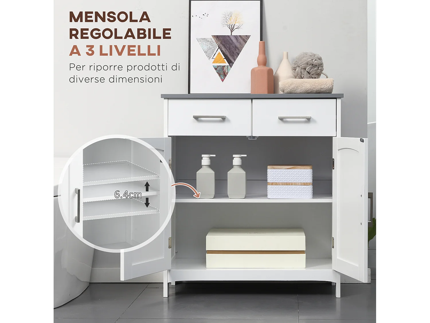 Mobiletto bagno con 2 ante 2 cassetti e ripiano regolabile