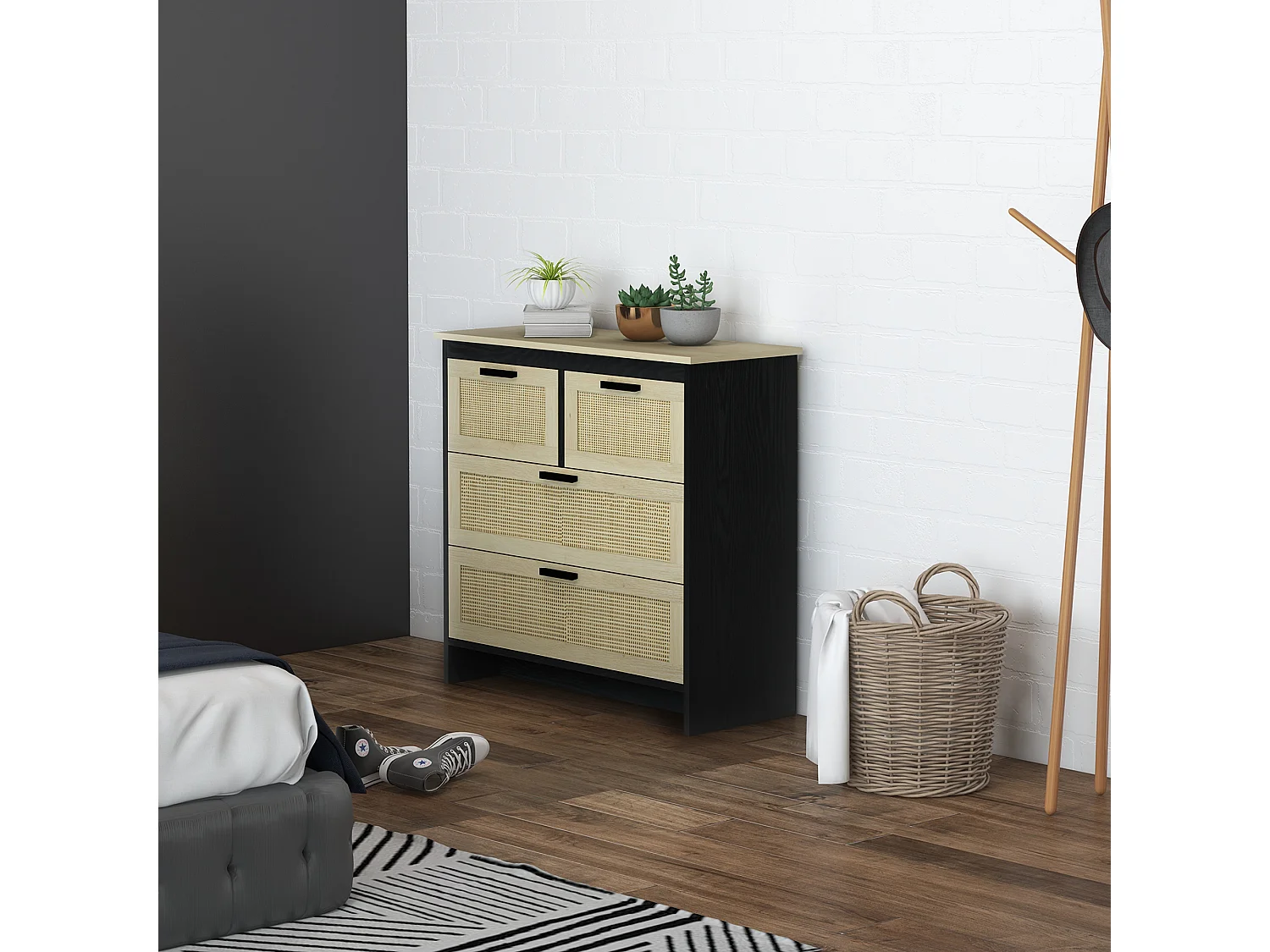 Cassettiera 4 cassetti in truciolato e rattan per soggiorno e camera da letto