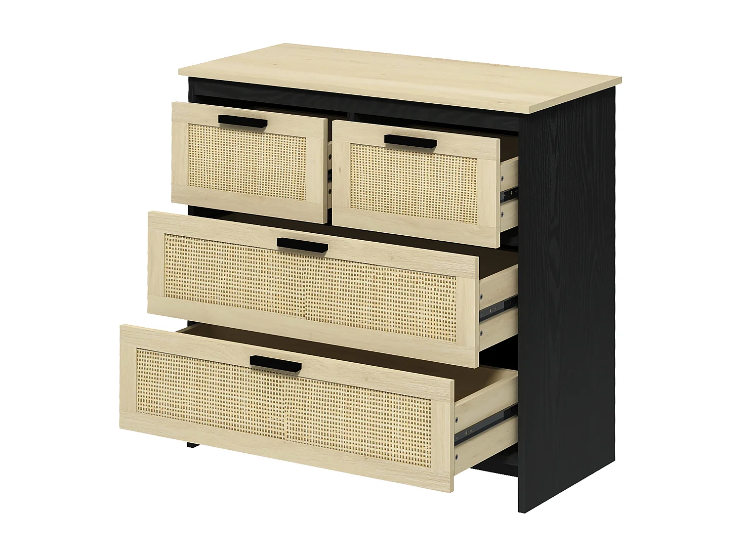 Cassettiera 4 cassetti in truciolato e rattan per soggiorno e camera da letto