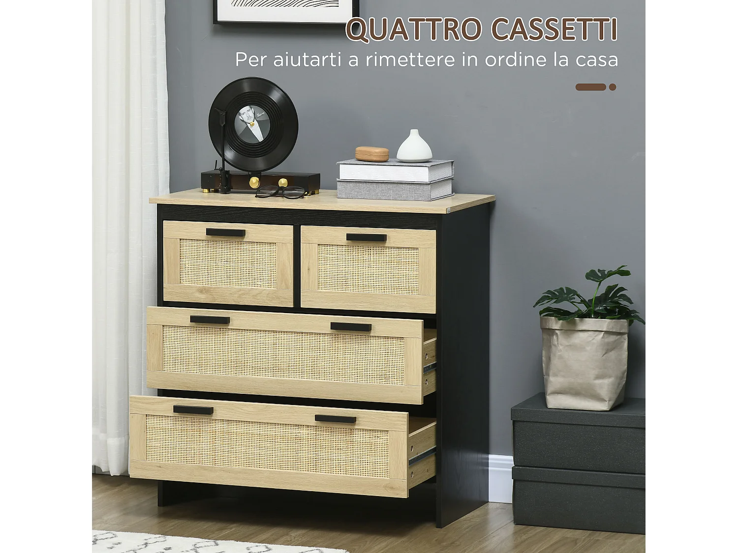 Cassettiera 4 cassetti in truciolato e rattan per soggiorno e camera da letto