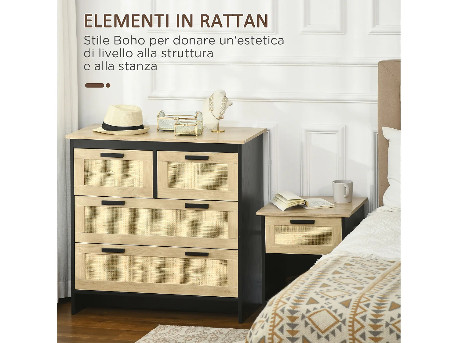 Cassettiera 4 cassetti in truciolato e rattan per soggiorno e camera da letto